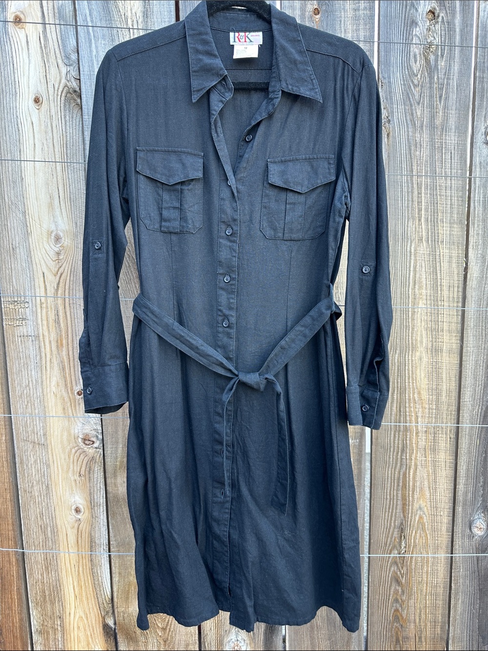 R&K Black Long-Sleeve Button-Front Shirt Dress with Waist Tie